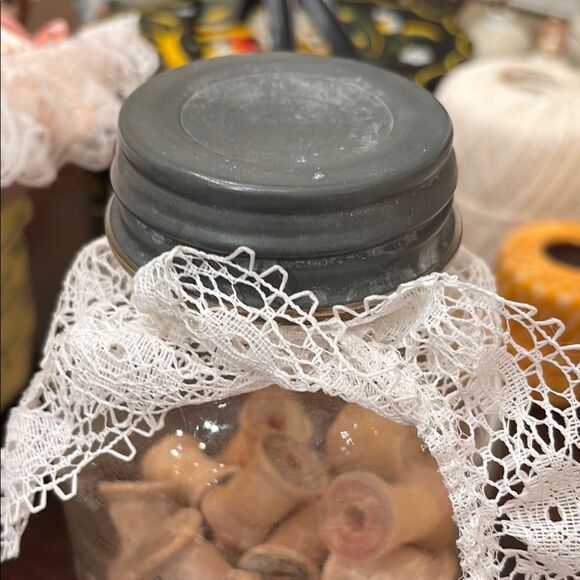 Vintage large Ball Glass Jar with Wooden Spools and Lace - Picture 3 of 6